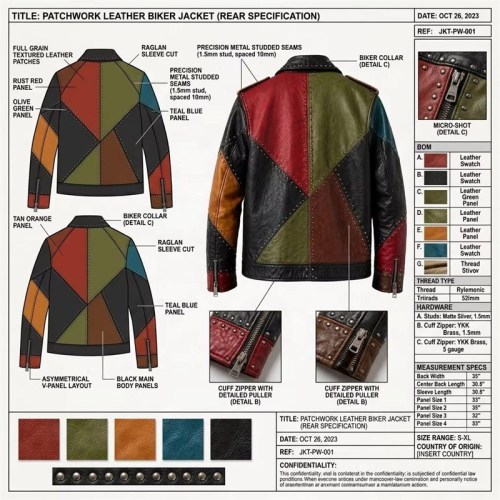 Custom Men's Leather Biker Jacket with Studded & Patchwork Detailing, Vintage