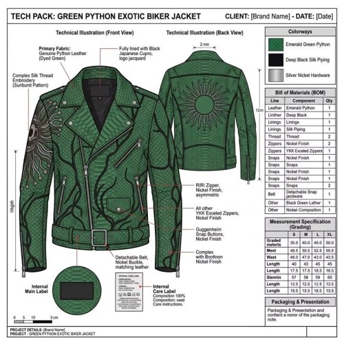 Custom Men's Green Leather Biker Jacket with Embroidered Detailing, Snake