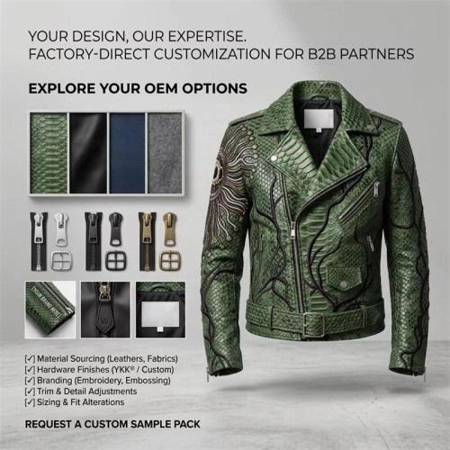 Custom Men's Green Leather Biker Jacket with Embroidered Detailing, Snake