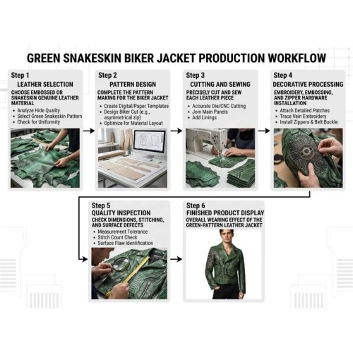 Custom Men's Green Leather Biker Jacket with Embroidered Detailing, Snake