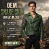 Custom Men's Green Leather Biker Jacket with Embroidered Detailing, Snake