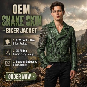 Custom Men's Green Leather Biker Jacket with Embroidered Detailing, Snake