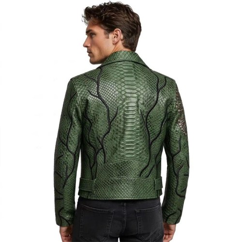 Custom Men's Green Leather Biker Jacket with Embroidered Detailing, Snake