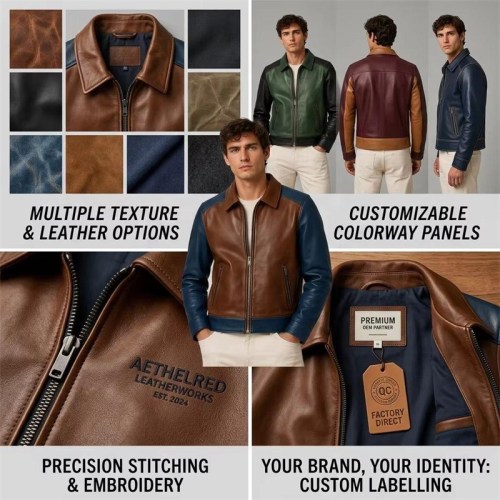 Custom Men's Brown & Blue Leather Biker Jacket with Two Tone Detailing