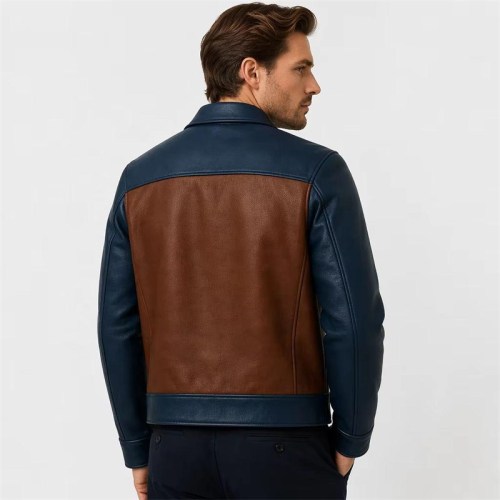 Custom Men's Brown & Blue Leather Biker Jacket with Two Tone Detailing