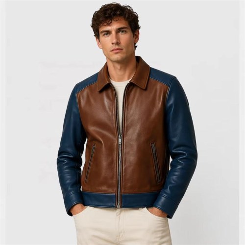 Custom Men's Brown & Blue Leather Biker Jacket with Two Tone Detailing