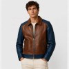 Custom Men's Brown & Blue Leather Biker Jacket with Two Tone Detailing