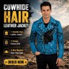 Custom Men's Blue Hair-on Cowhide Leather Biker Jacket, Custom Made to Order