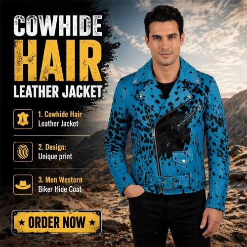 Custom Men's Blue Hair-on Cowhide Leather Biker Jacket, Custom Made to Order