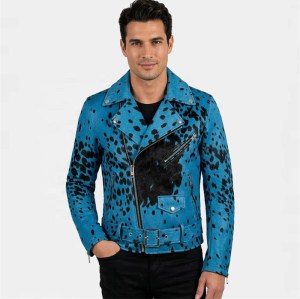 Custom Men's Blue Hair-on Cowhide Leather Biker Jacket, Custom Made to Order
