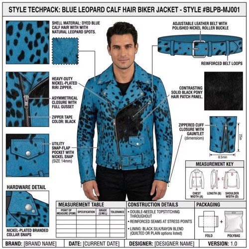 Custom Men's Blue Hair-on Cowhide Leather Biker Jacket, Custom Made to Order