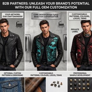 Custom Men's Black Leather Biker Jacket with Studded Detailing, Skull & Rose