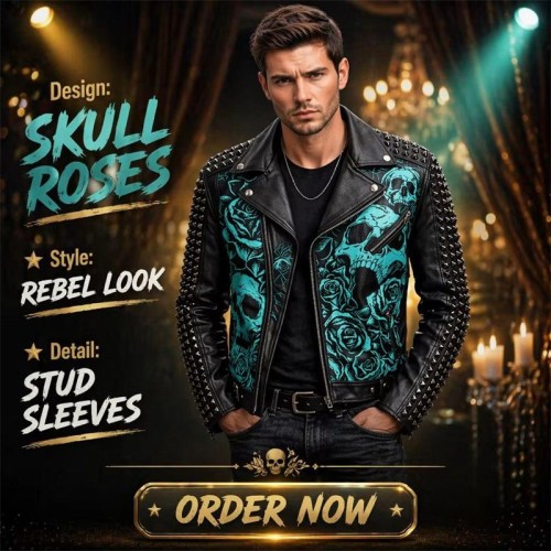 Custom Men's Black Leather Biker Jacket with Studded Detailing, Skull & Rose