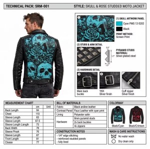 Custom Men's Black Leather Biker Jacket with Studded Detailing, Skull & Rose