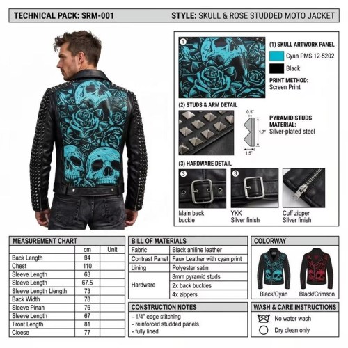 Custom Men's Black Leather Biker Jacket with Studded Detailing, Skull & Rose