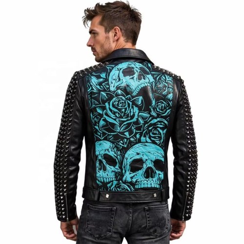 Custom Men's Black Leather Biker Jacket with Studded Detailing, Skull & Rose