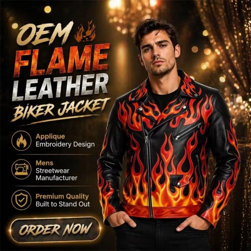 Custom Men's Cowhide Leather Biker Jacket with Embroidered & Applique Detailing, Flame