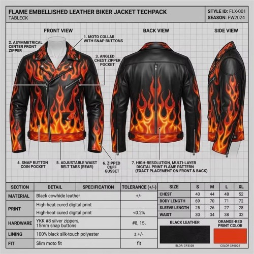 Custom Men's Cowhide Leather Biker Jacket with Embroidered & Applique Detailing, Flame