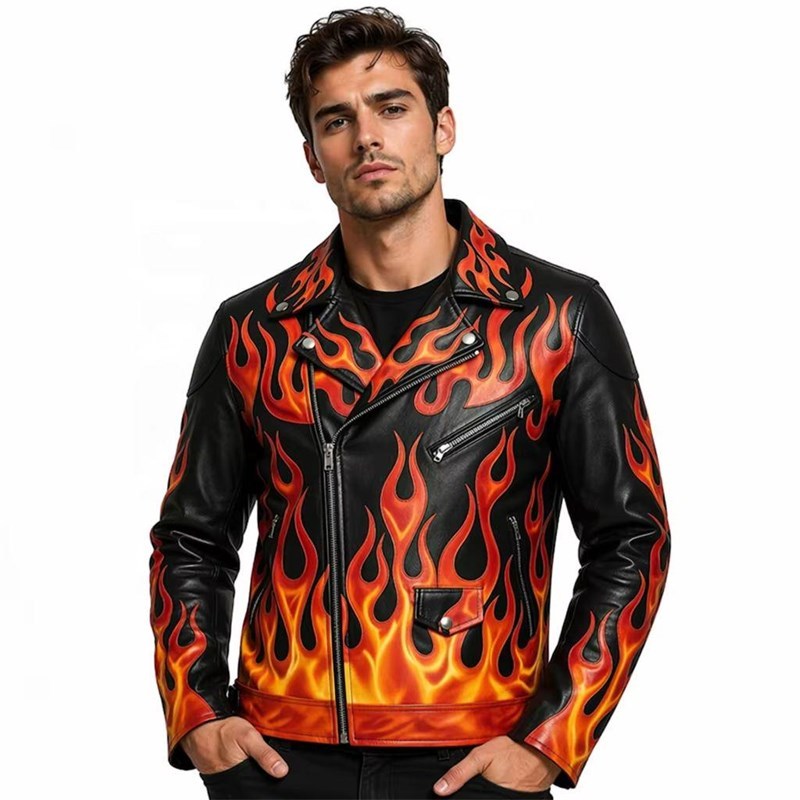 OEM Men's Flame Leather Biker Jacket