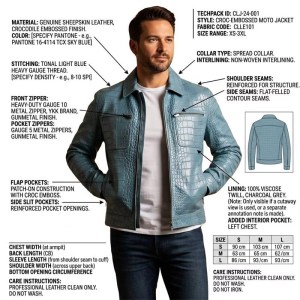Custom Men's Blue Leather Biker Jacket with Crocodile Texture Detailing