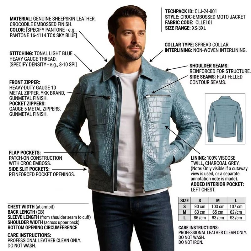 Custom Men's Blue Leather Biker Jacket with Crocodile Texture Detailing