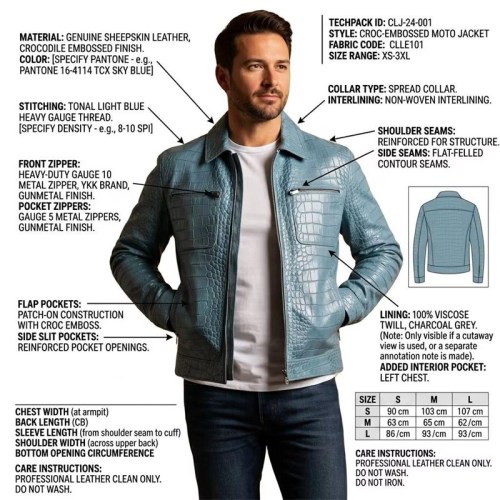 Custom Men's Blue Leather Biker Jacket with Crocodile Texture Detailing