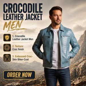 Custom Men's Blue Leather Biker Jacket with Crocodile Texture Detailing