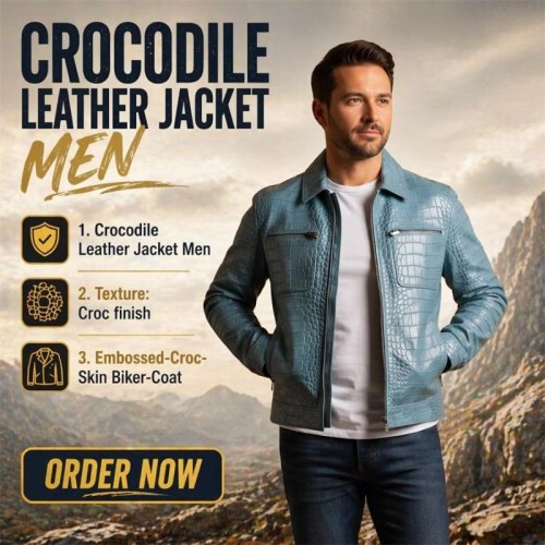 Custom Men's Blue Leather Biker Jacket with Crocodile Texture Detailing