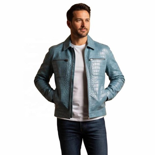 Custom Men's Blue Leather Biker Jacket with Crocodile Texture Detailing