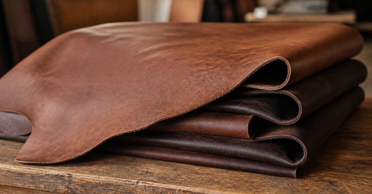 Folded brown leather hides stacked on a workshop bench, ready for leather jacket hide selection