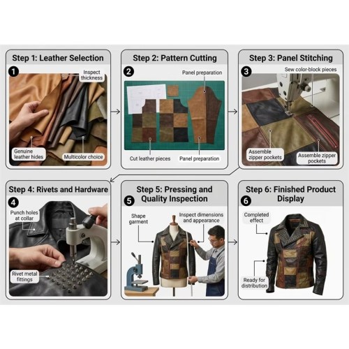 Custom Men's Leather Biker Jacket with Patchwork Detailing, Custom Made to Order