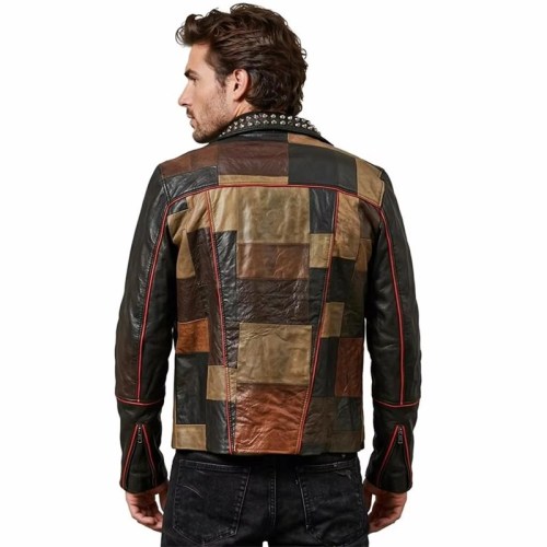 Custom Men's Leather Biker Jacket with Patchwork Detailing, Custom Made to Order