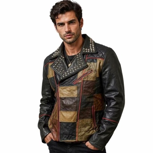 Custom Men's Leather Biker Jacket with Patchwork Detailing, Custom Made to Order