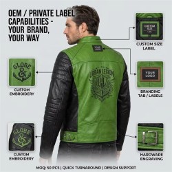 Custom Men's Black & Green Cowhide Leather Biker Jacket with Quilted & Two Tone Detailing, Custom Made to Order