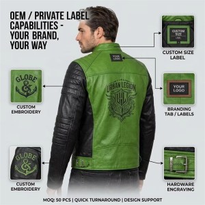 Custom Men's Black & Green Cowhide Leather Biker Jacket with Quilted & Two Tone Detailing, Custom Made to Order