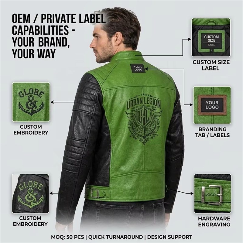 Custom Men's Black & Green Cowhide Leather Biker Jacket with Quilted & Two Tone Detailing, Custom Made to Order