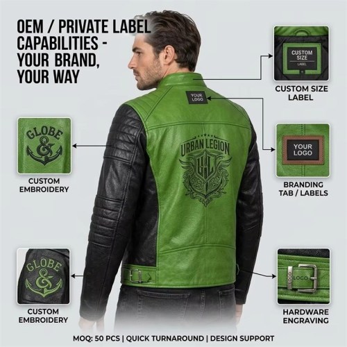Custom Men's Black & Green Cowhide Leather Biker Jacket with Quilted & Two Tone Detailing, Custom Made to Order