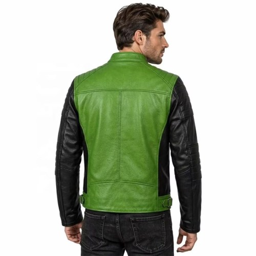Custom Men's Black & Green Cowhide Leather Biker Jacket with Quilted & Two Tone Detailing, Custom Made to Order