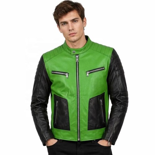 Custom Men's Black & Green Cowhide Leather Biker Jacket with Quilted & Two Tone Detailing, Custom Made to Order