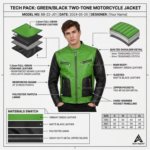 Custom Men's Black & Green Cowhide Leather Biker Jacket with Quilted & Two Tone Detailing, Custom Made to Order