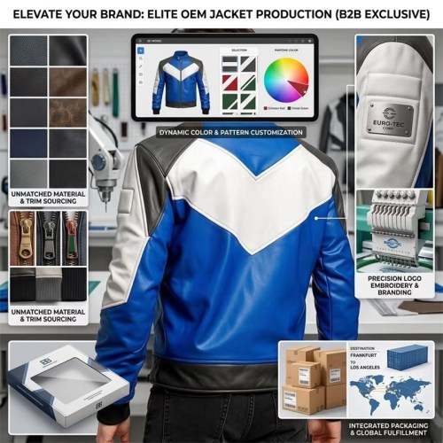 Custom Men's Blue & White Sheepskin Leather Biker Jacket with Two Tone Detailing, Slim Fit