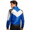 Custom Men's Blue & White Sheepskin Leather Biker Jacket with Two Tone Detailing, Slim Fit