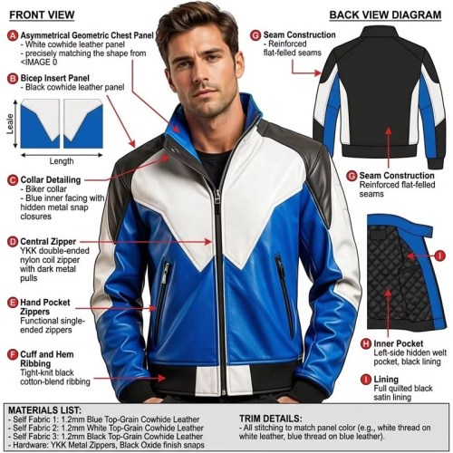 Custom Men's Blue & White Sheepskin Leather Biker Jacket with Two Tone Detailing, Slim Fit