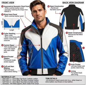 Custom Men's Blue & White Sheepskin Leather Biker Jacket with Two Tone Detailing, Slim Fit
