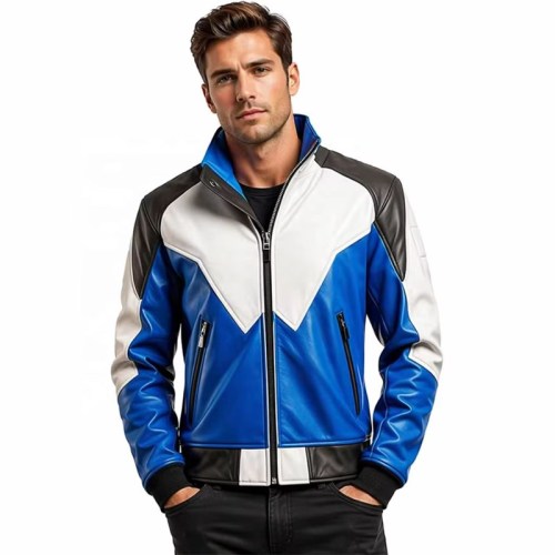 Custom Men's Blue & White Sheepskin Leather Biker Jacket with Two Tone Detailing, Slim Fit