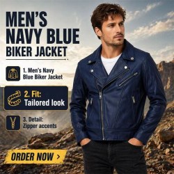 Custom Men's Blue & Navy Leather Biker Jacket, Custom Made to Order
