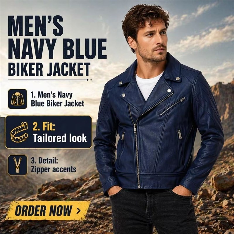 Custom Men's Blue & Navy Leather Biker Jacket, Custom Made to Order