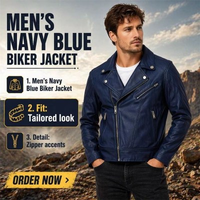 Custom Men's Blue & Navy Leather Biker Jacket, Custom Made to Order