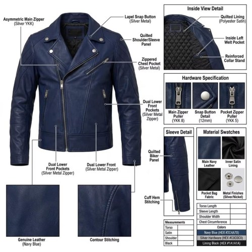 Custom Men's Blue & Navy Leather Biker Jacket, Custom Made to Order