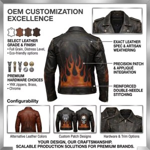 Custom Men's Brown Leather Biker Jacket with Printed & Distressed Detailing, Flame & Gear